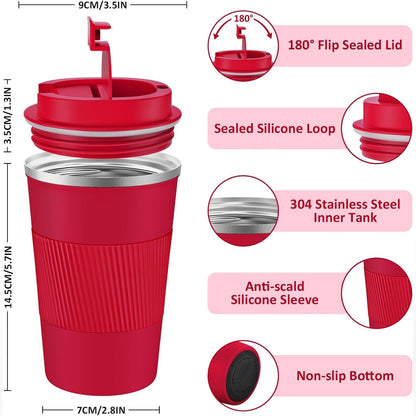Travel Coffee Mug Spill Proof 12oz, Insulated Travel Mug to Go, Reusable Coffee Cup with Seal Lid, Vacuum Stainless Steel Tumbler for Hot/Cold Drinks (Red)