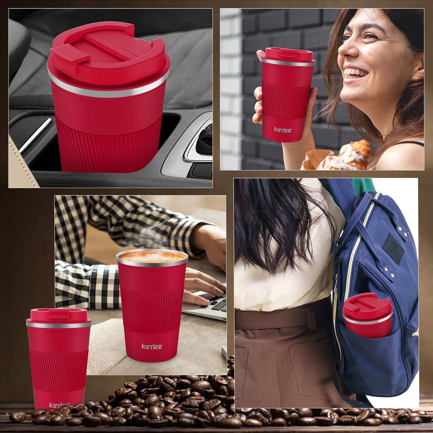 Travel Coffee Mug Spill Proof 12oz, Insulated Travel Mug to Go, Reusable Coffee Cup with Seal Lid, Vacuum Stainless Steel Tumbler for Hot/Cold Drinks (Red)