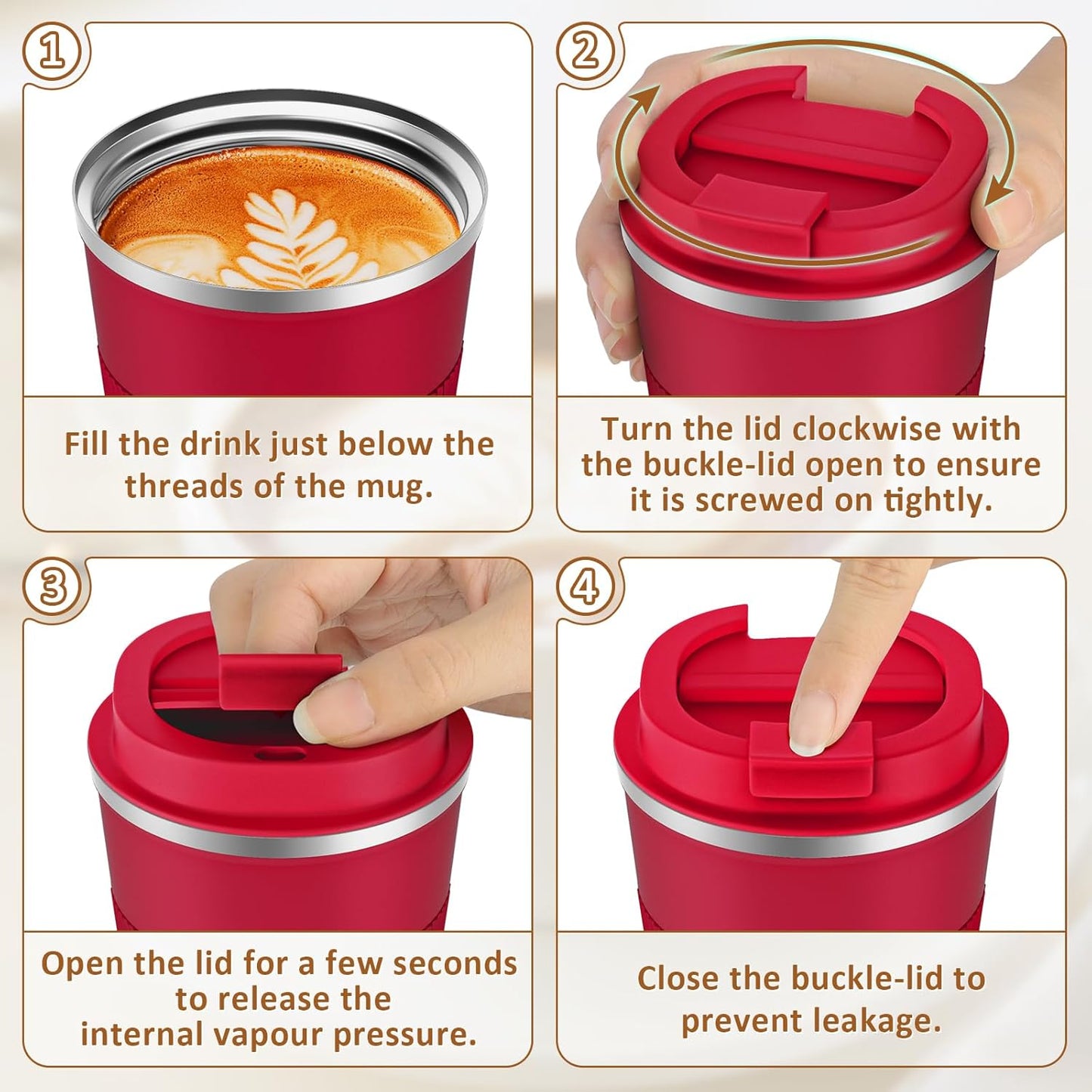 Travel Coffee Mug Spill Proof 12oz, Insulated Travel Mug to Go, Reusable Coffee Cup with Seal Lid, Vacuum Stainless Steel Tumbler for Hot/Cold Drinks (Red)