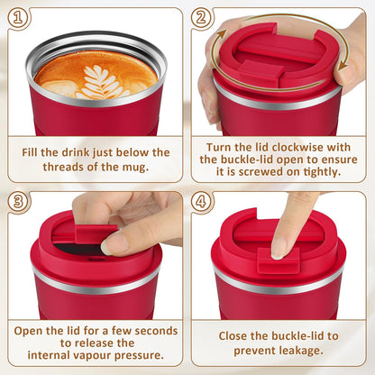 Travel Coffee Mug Spill Proof 12oz, Insulated Travel Mug to Go, Reusable Coffee Cup with Seal Lid, Vacuum Stainless Steel Tumbler for Hot/Cold Drinks (Red)