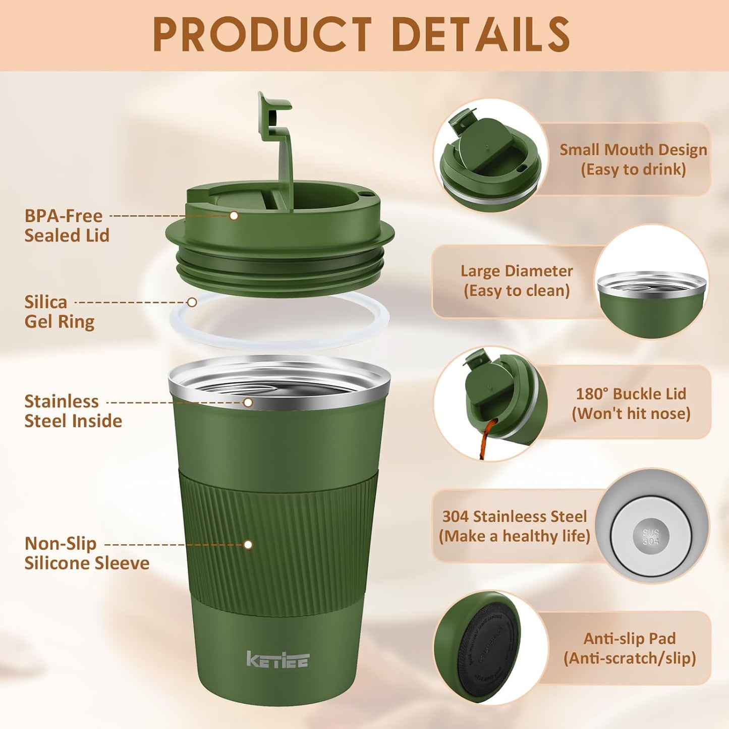 Travel Coffee Mug Spill Proof 12oz, Insulated Travel Mug to Go, Reusable Coffee Cup with Seal Lid, Vacuum Stainless Steel Tumbler for Hot/Cold Drinks (Red)