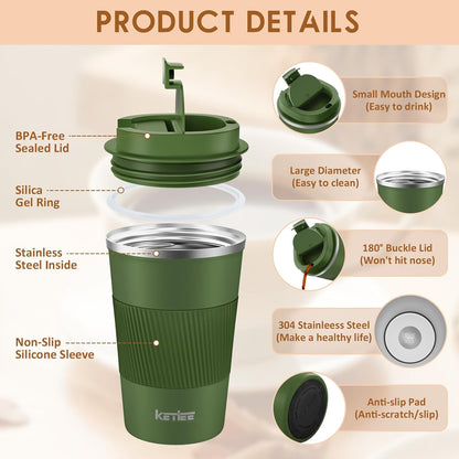 Travel Coffee Mug Spill Proof 12oz, Insulated Travel Mug to Go, Reusable Coffee Cup with Seal Lid, Vacuum Stainless Steel Tumbler for Hot/Cold Drinks (Red)