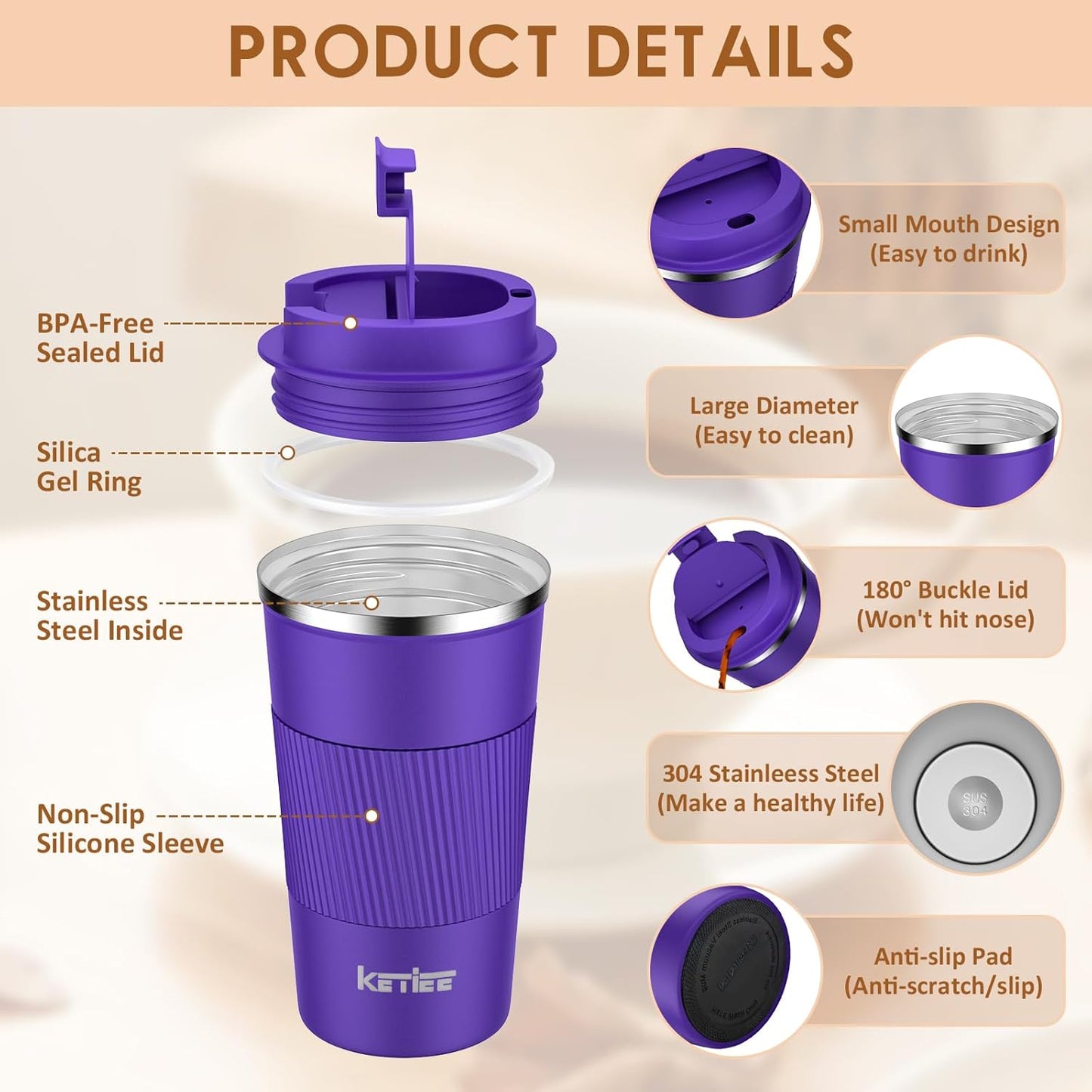 Travel Coffee Mug Spill Proof 12oz, Insulated Travel Mug to Go, Reusable Coffee Cup with Seal Lid, Vacuum Stainless Steel Tumbler for Hot/Cold Drinks (Red)