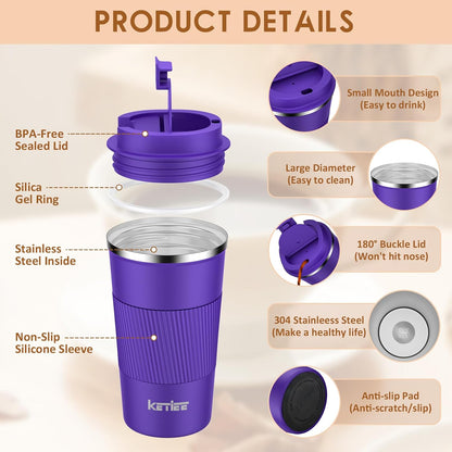 Travel Coffee Mug Spill Proof 12oz, Insulated Travel Mug to Go, Reusable Coffee Cup with Seal Lid, Vacuum Stainless Steel Tumbler for Hot/Cold Drinks (Red)