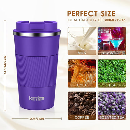 Travel Coffee Mug Spill Proof 12oz, Insulated Travel Mug to Go, Reusable Coffee Cup with Seal Lid, Vacuum Stainless Steel Tumbler for Hot/Cold Drinks (Red)