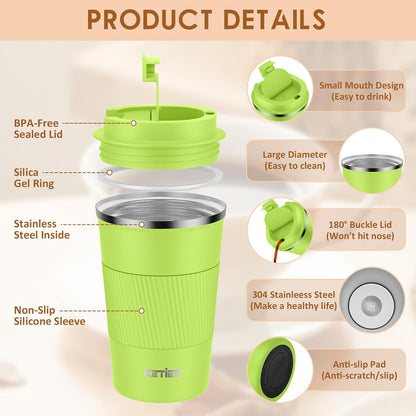 Travel Coffee Mug Spill Proof 12oz, Insulated Travel Mug to Go, Reusable Coffee Cup with Seal Lid, Vacuum Stainless Steel Tumbler for Hot/Cold Drinks (Red)