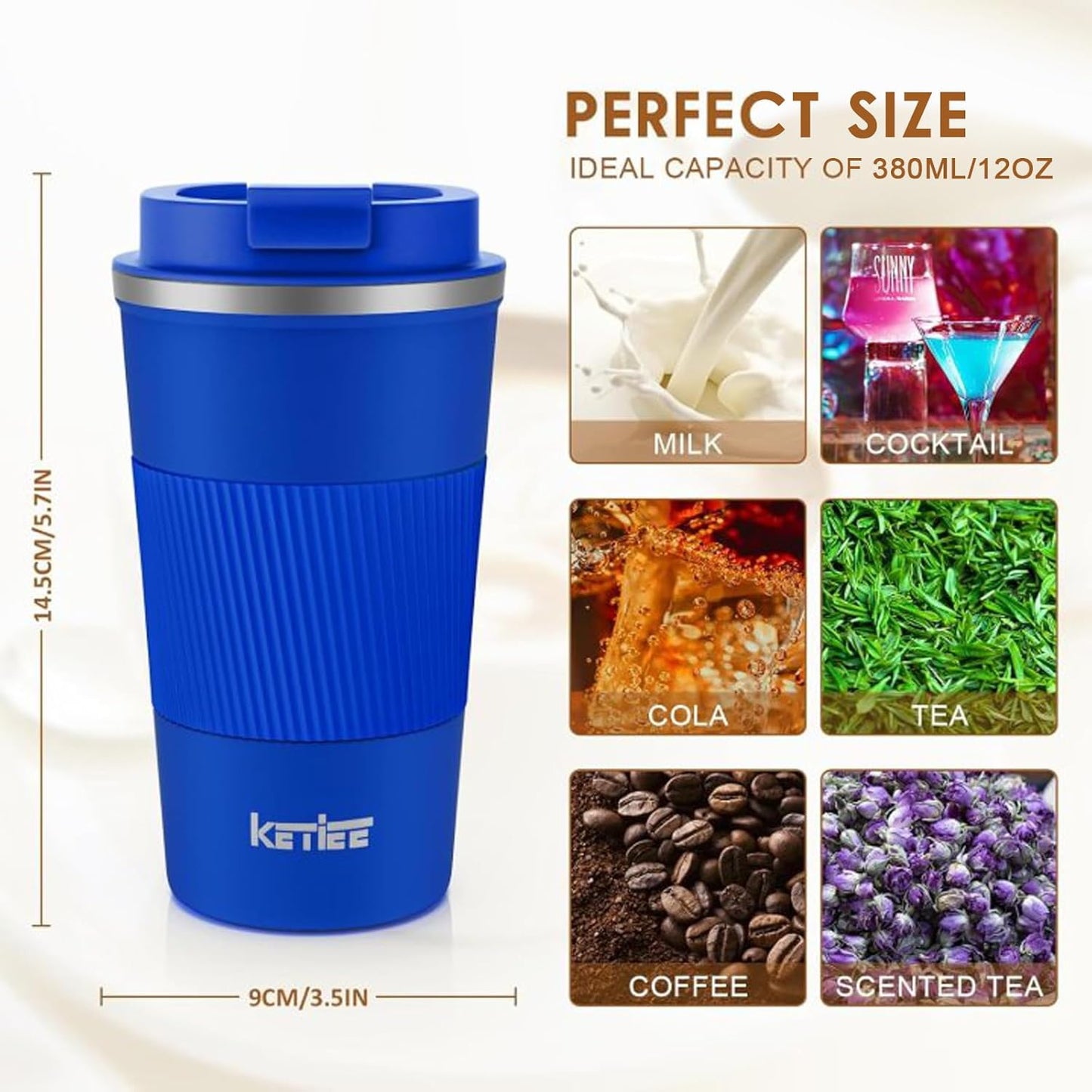 Travel Coffee Mug Spill Proof 12oz, Insulated Travel Mug to Go, Reusable Coffee Cup with Seal Lid, Vacuum Stainless Steel Tumbler for Hot/Cold Drinks (Red)