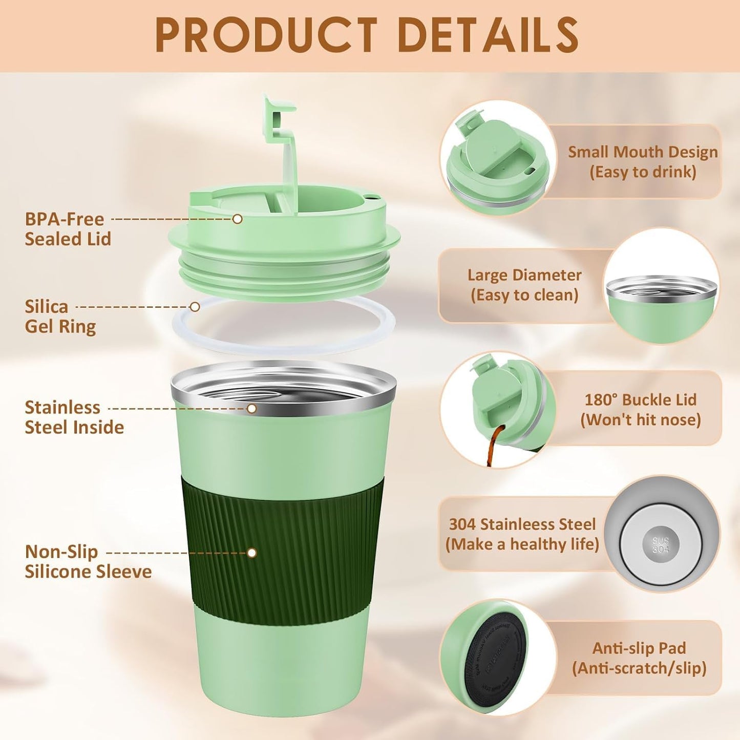 Travel Coffee Mug Spill Proof 12oz, Insulated Travel Mug to Go, Reusable Coffee Cup with Seal Lid, Vacuum Stainless Steel Tumbler for Hot/Cold Drinks (Red)