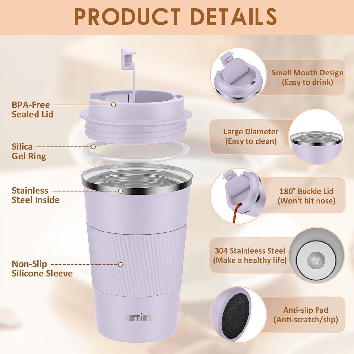 Travel Coffee Mug Spill Proof 12oz, Insulated Travel Mug to Go, Reusable Coffee Cup with Seal Lid, Vacuum Stainless Steel Tumbler for Hot/Cold Drinks (Red)