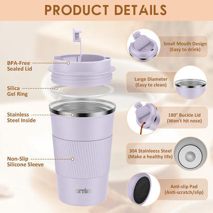 Travel Coffee Mug Spill Proof 12oz, Insulated Travel Mug to Go, Reusable Coffee Cup with Seal Lid, Vacuum Stainless Steel Tumbler for Hot/Cold Drinks (Red)
