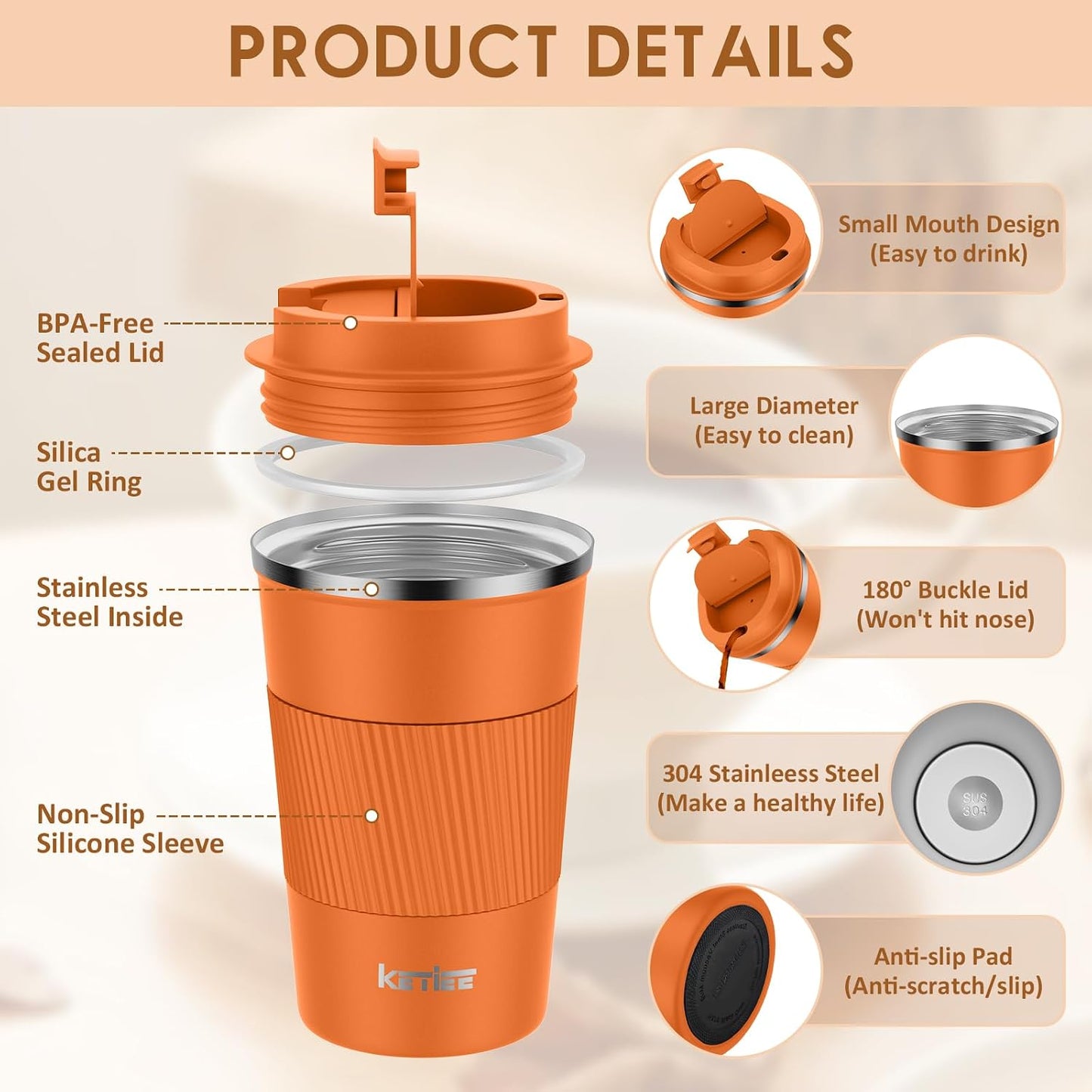 Travel Coffee Mug Spill Proof 12oz, Insulated Travel Mug to Go, Reusable Coffee Cup with Seal Lid, Vacuum Stainless Steel Tumbler for Hot/Cold Drinks (Red)