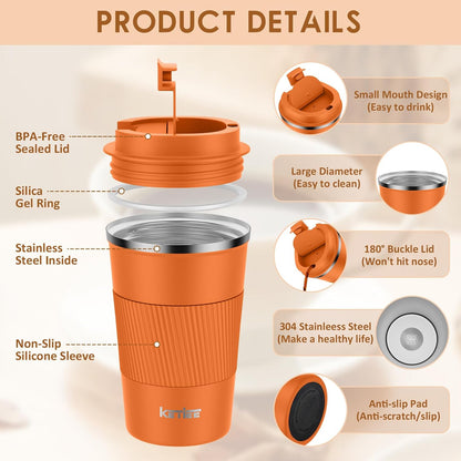 Travel Coffee Mug Spill Proof 12oz, Insulated Travel Mug to Go, Reusable Coffee Cup with Seal Lid, Vacuum Stainless Steel Tumbler for Hot/Cold Drinks (Red)