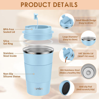 Travel Coffee Mug Spill Proof 12oz, Insulated Travel Mug to Go, Reusable Coffee Cup with Seal Lid, Vacuum Stainless Steel Tumbler for Hot/Cold Drinks (Red)