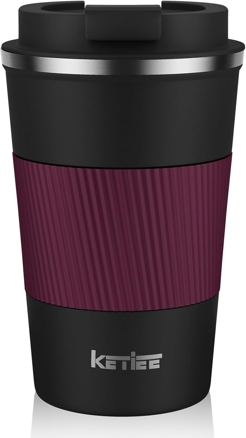 Travel Coffee Mug Spill Proof 12oz, Insulated Travel Mug to Go, Reusable Coffee Cup with Seal Lid, Vacuum Stainless Steel Tumbler for Hot/Cold Drinks (Red)