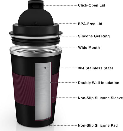 Travel Coffee Mug Spill Proof 12oz, Insulated Travel Mug to Go, Reusable Coffee Cup with Seal Lid, Vacuum Stainless Steel Tumbler for Hot/Cold Drinks (Red)