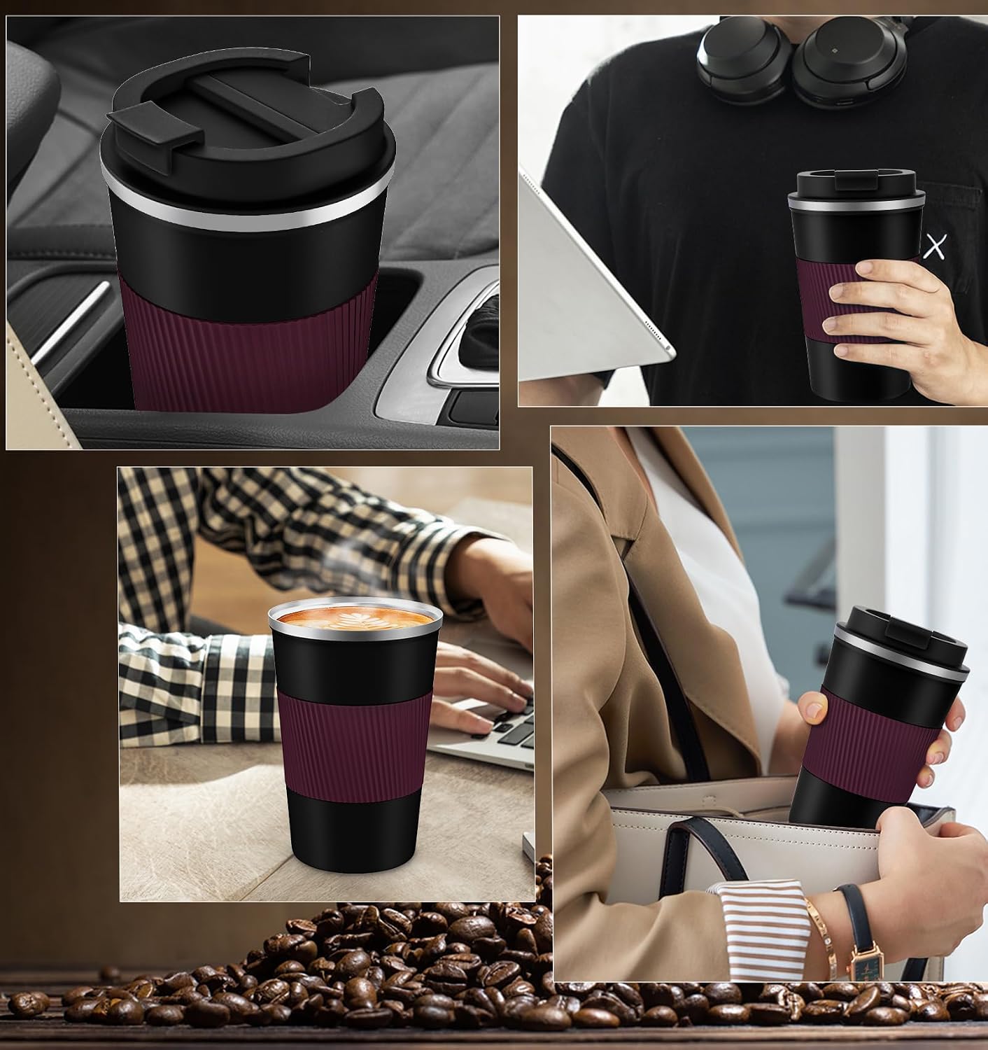 Travel Coffee Mug Spill Proof 12oz, Insulated Travel Mug to Go, Reusable Coffee Cup with Seal Lid, Vacuum Stainless Steel Tumbler for Hot/Cold Drinks (Red)