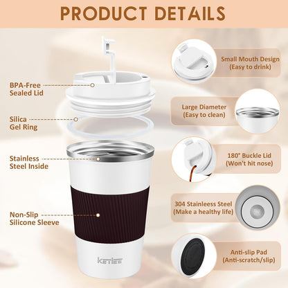 Travel Coffee Mug Spill Proof 12oz, Insulated Travel Mug to Go, Reusable Coffee Cup with Seal Lid, Vacuum Stainless Steel Tumbler for Hot/Cold Drinks (Red)