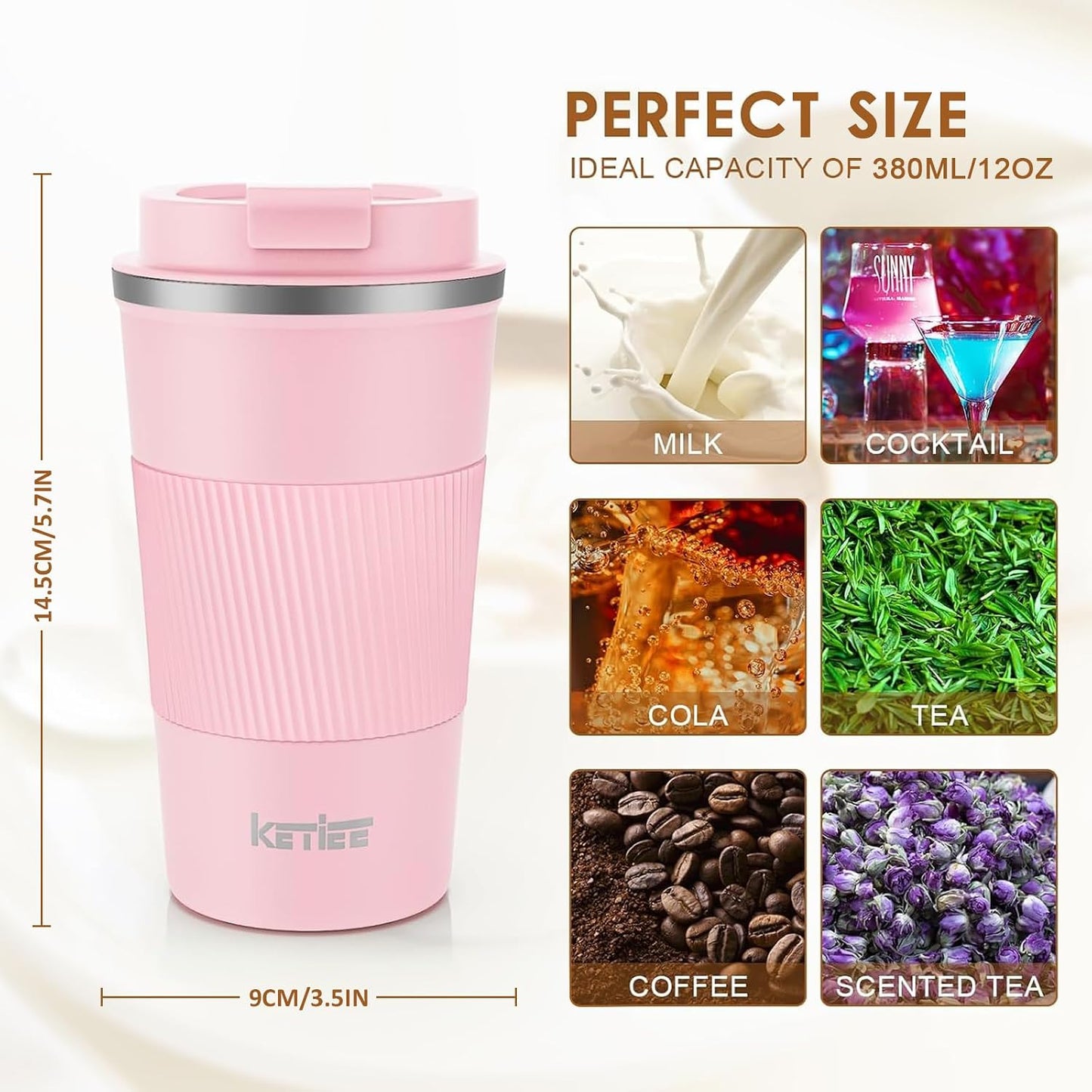 Travel Coffee Mug Spill Proof 12oz, Insulated Travel Mug to Go, Reusable Coffee Cup with Seal Lid, Vacuum Stainless Steel Tumbler for Hot/Cold Drinks (Red)