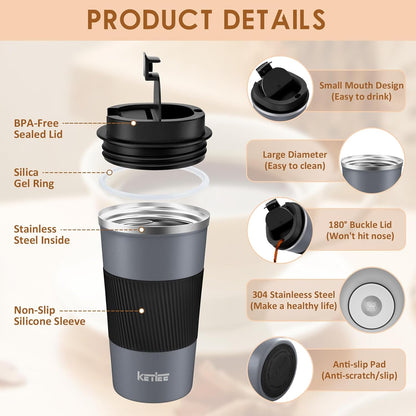 Travel Coffee Mug Spill Proof 12oz, Insulated Travel Mug to Go, Reusable Coffee Cup with Seal Lid, Vacuum Stainless Steel Tumbler for Hot/Cold Drinks (Red)