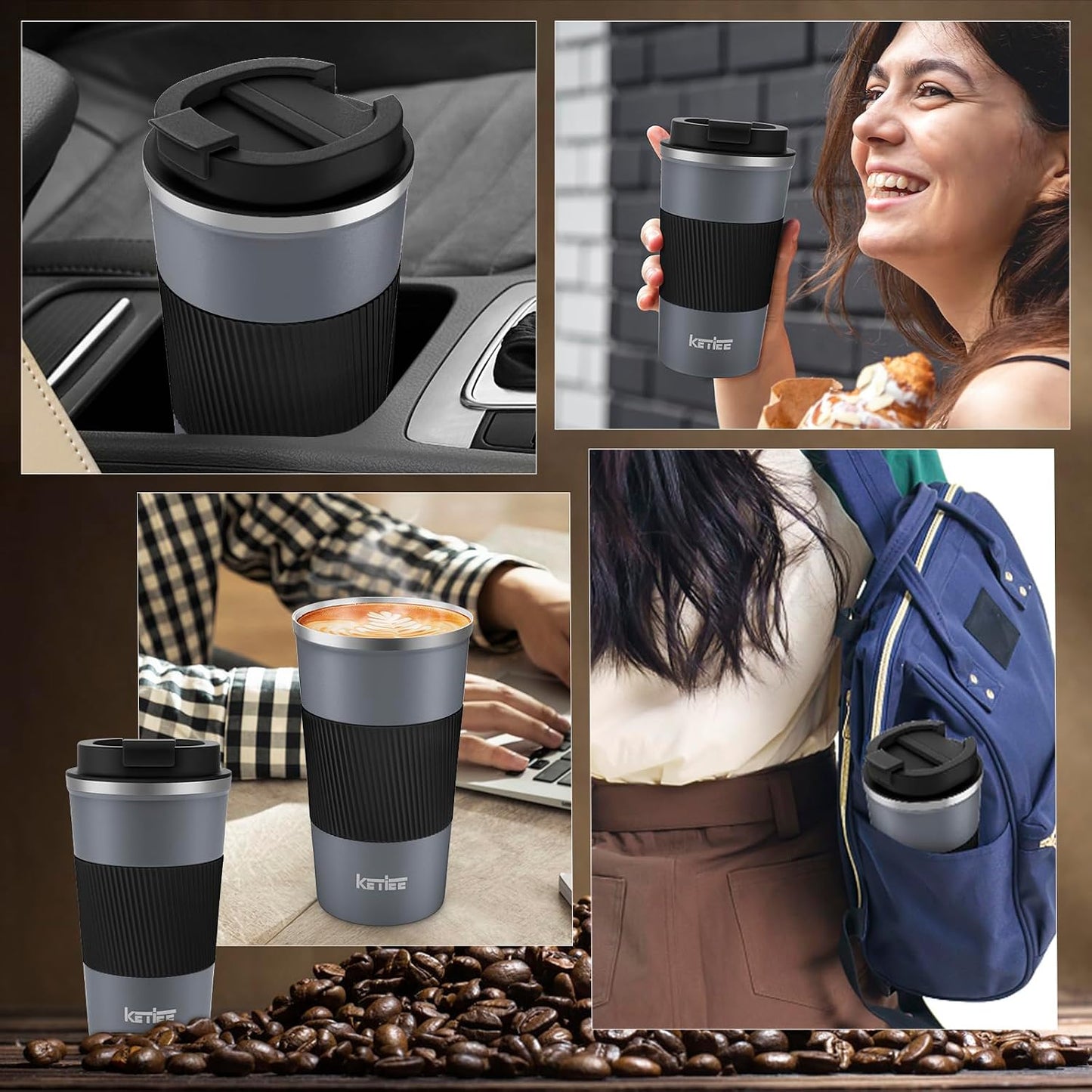 Travel Coffee Mug Spill Proof 12oz, Insulated Travel Mug to Go, Reusable Coffee Cup with Seal Lid, Vacuum Stainless Steel Tumbler for Hot/Cold Drinks (Red)