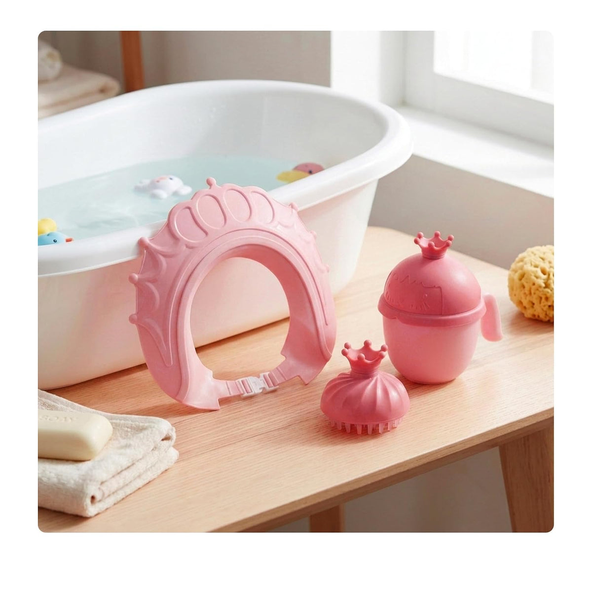 Hair Wash Cup Set, 3 Pieces, Crown, with Shower Cap and Brush, Shampoo Protection, Tear-Free, Rinse Aid, Yellow/Orange