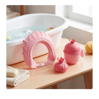 Hair Wash Cup Set, 3 Pieces, Crown, with Shower Cap and Brush, Shampoo Protection, Tear-Free, Rinse Aid, Yellow/Orange