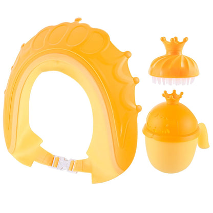 Hair Wash Cup Set, 3 Pieces, Crown, with Shower Cap and Brush, Shampoo Protection, Tear-Free, Rinse Aid, Yellow/Orange