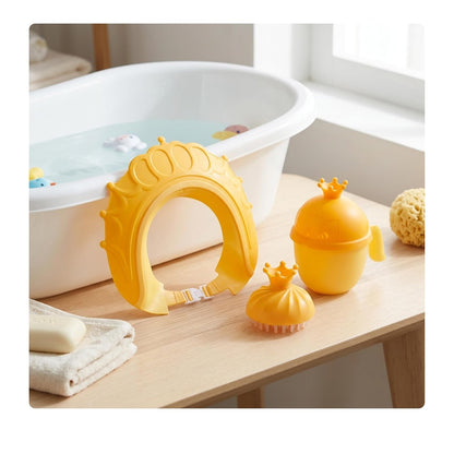 Hair Wash Cup Set, 3 Pieces, Crown, with Shower Cap and Brush, Shampoo Protection, Tear-Free, Rinse Aid, Yellow/Orange