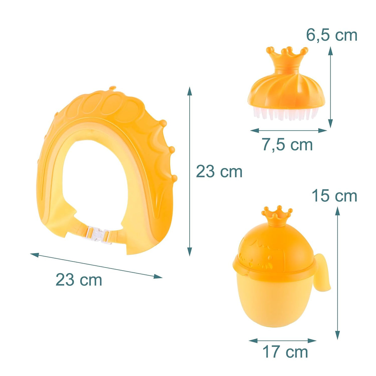 Hair Wash Cup Set, 3 Pieces, Crown, with Shower Cap and Brush, Shampoo Protection, Tear-Free, Rinse Aid, Yellow/Orange