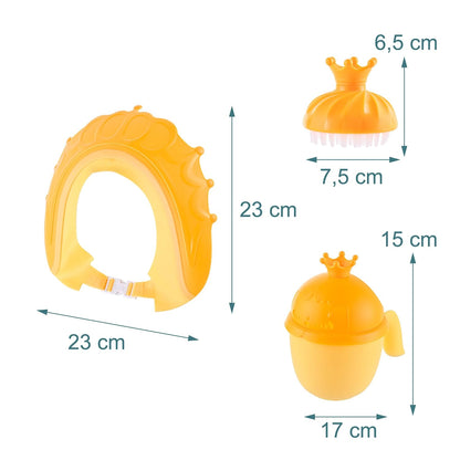 Hair Wash Cup Set, 3 Pieces, Crown, with Shower Cap and Brush, Shampoo Protection, Tear-Free, Rinse Aid, Yellow/Orange