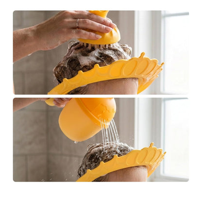 Hair Wash Cup Set, 3 Pieces, Crown, with Shower Cap and Brush, Shampoo Protection, Tear-Free, Rinse Aid, Yellow/Orange