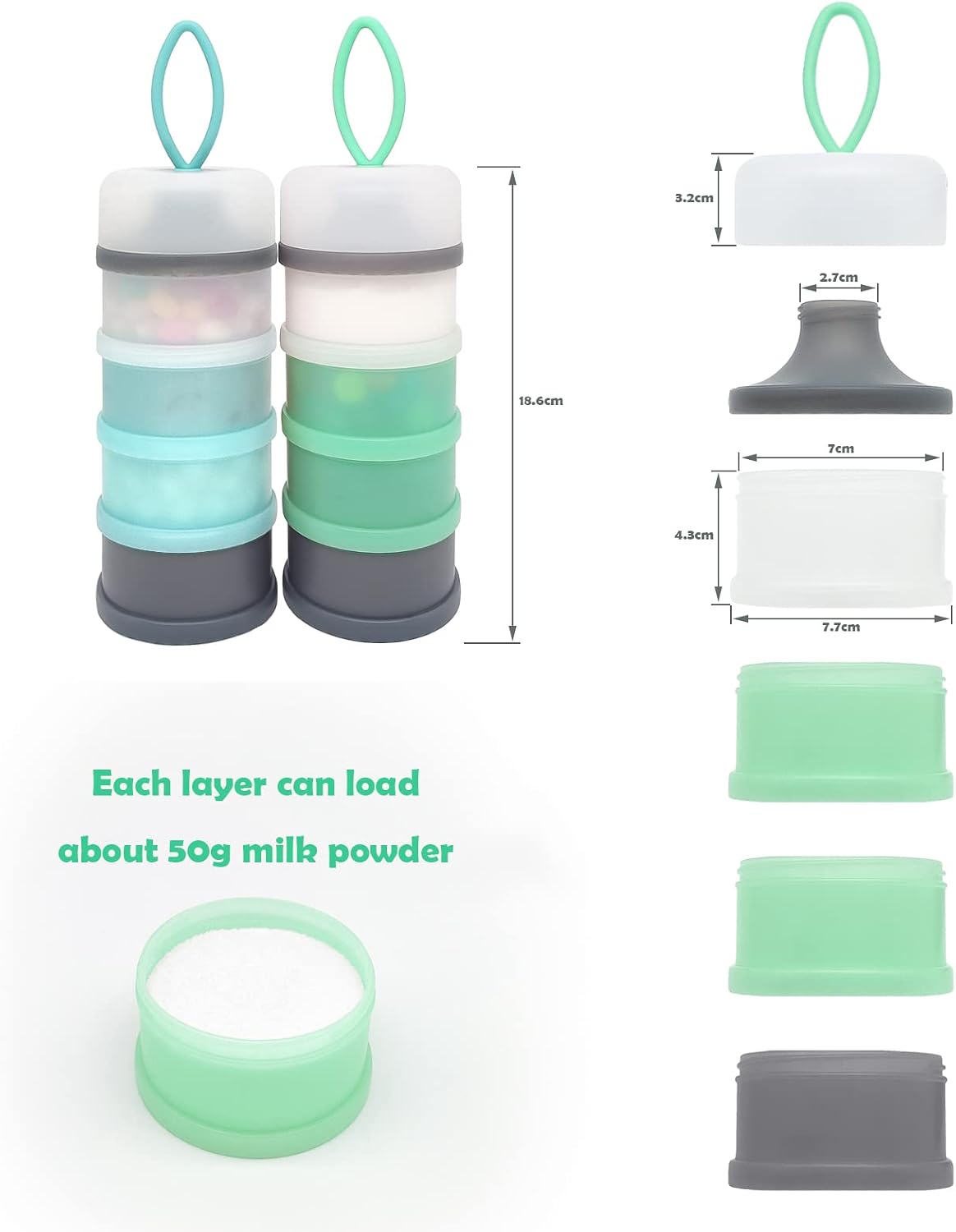 Baby Formula Dispenser, Portable Milk Powder Dispenser Container, Baby Feeding Travel Storage Container, Non-Spill Stackable Baby Snack Storage Container, BPA Free, 4 Compartments, 2 Packs