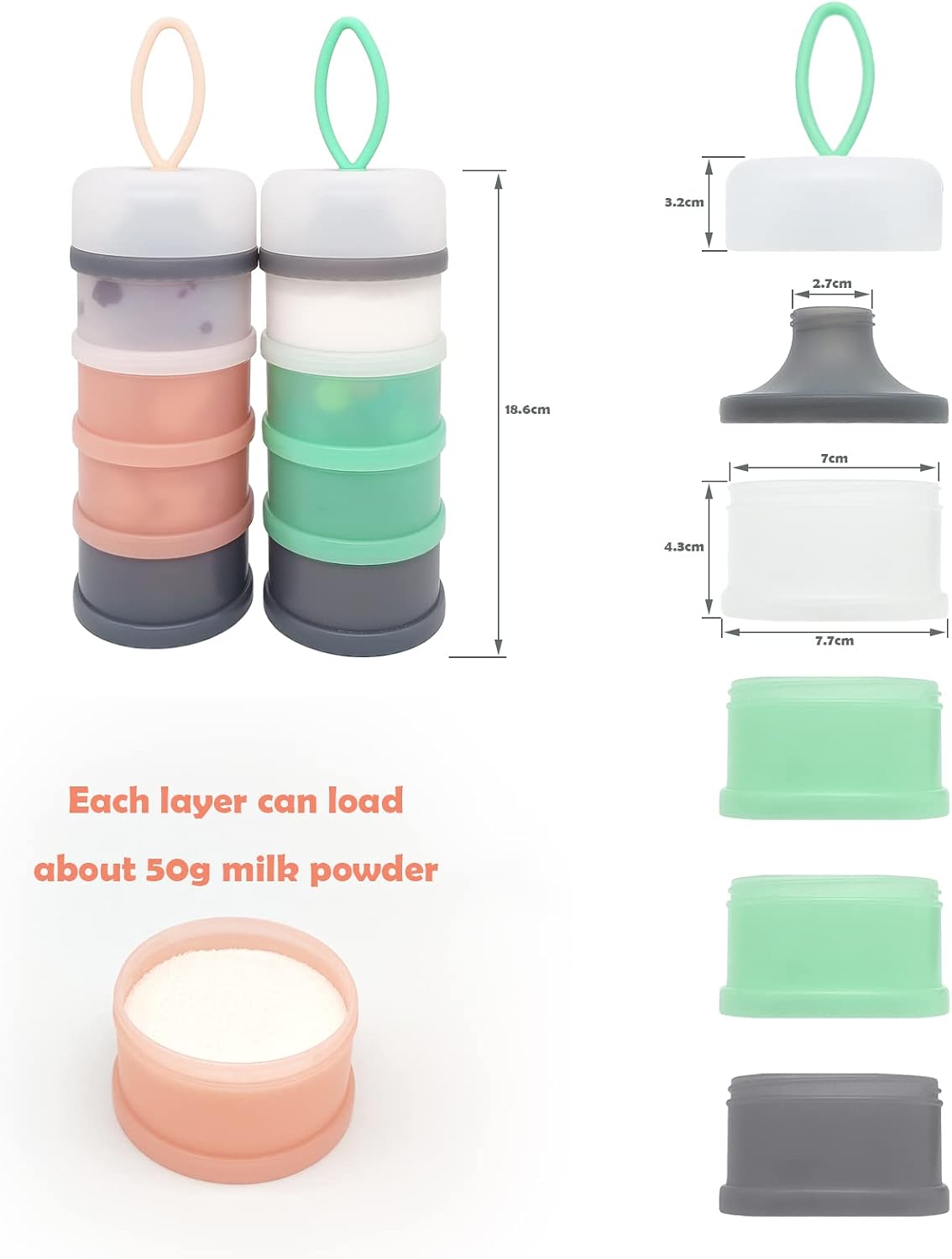 Baby Formula Dispenser, Portable Milk Powder Dispenser Container, Baby Feeding Travel Storage Container, Non-Spill Stackable Baby Snack Storage Container, BPA Free, 4 Compartments, 2 Packs