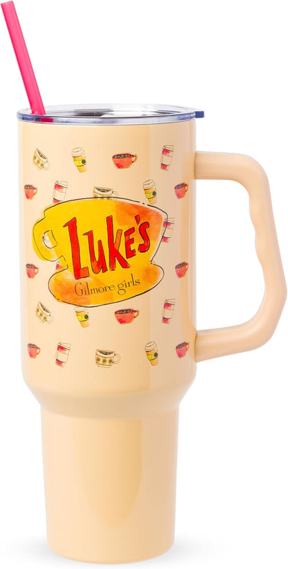 Betty Boop Core Cute Pose, Stainless Steel Tumbler, 40oz | Sitting, Hearts and Dots, Straw Cover Cap, Handle, Lid, Double Walled, Fits in Cup Holder, 1.18 Liters - Colors B