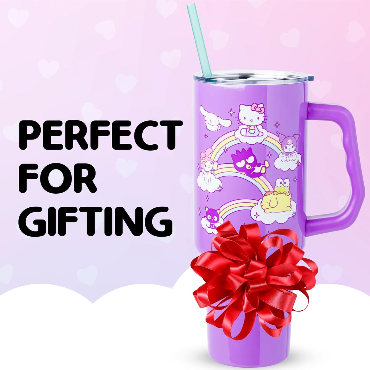 Betty Boop Core Cute Pose, Stainless Steel Tumbler, 40oz | Sitting, Hearts and Dots, Straw Cover Cap, Handle, Lid, Double Walled, Fits in Cup Holder, 1.18 Liters - Colors B