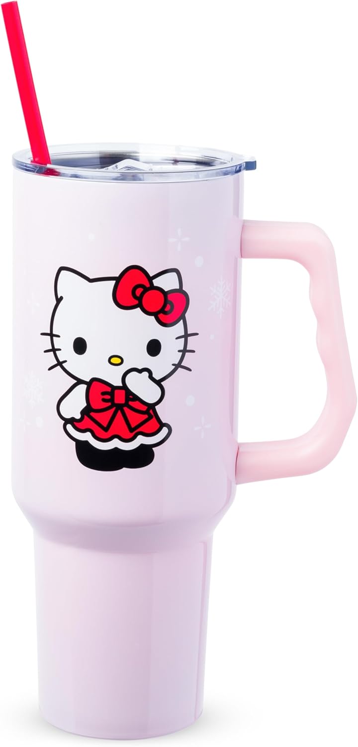 Betty Boop Core Cute Pose, Stainless Steel Tumbler, 40oz | Sitting, Hearts and Dots, Straw Cover Cap, Handle, Lid, Double Walled, Fits in Cup Holder, 1.18 Liters - Colors B
