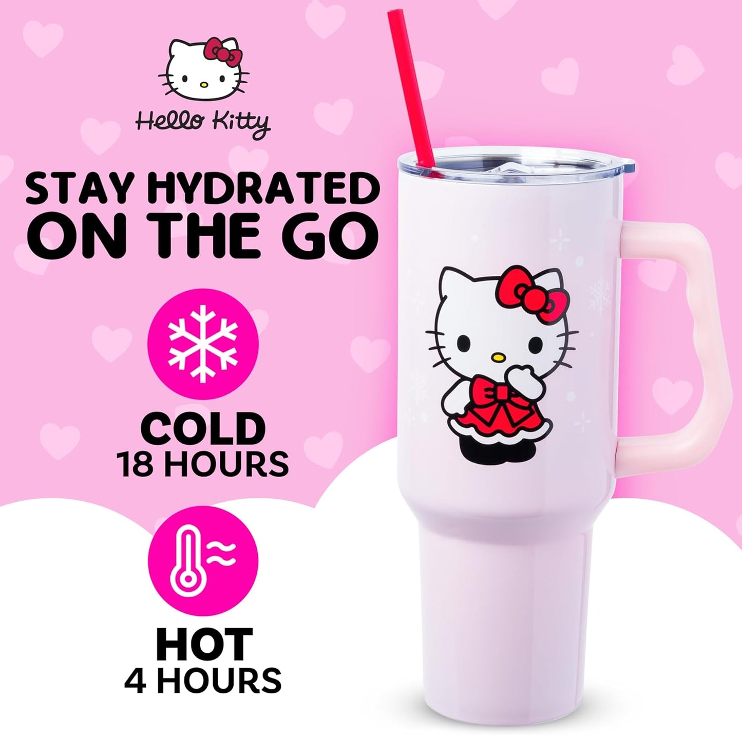 Betty Boop Core Cute Pose, Stainless Steel Tumbler, 40oz | Sitting, Hearts and Dots, Straw Cover Cap, Handle, Lid, Double Walled, Fits in Cup Holder, 1.18 Liters - Colors B