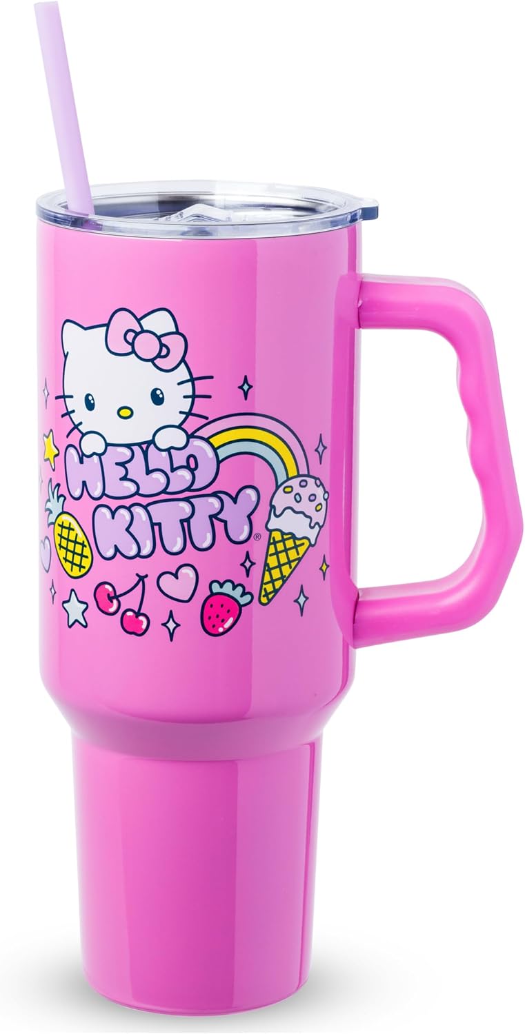 Betty Boop Core Cute Pose, Stainless Steel Tumbler, 40oz | Sitting, Hearts and Dots, Straw Cover Cap, Handle, Lid, Double Walled, Fits in Cup Holder, 1.18 Liters - Colors B