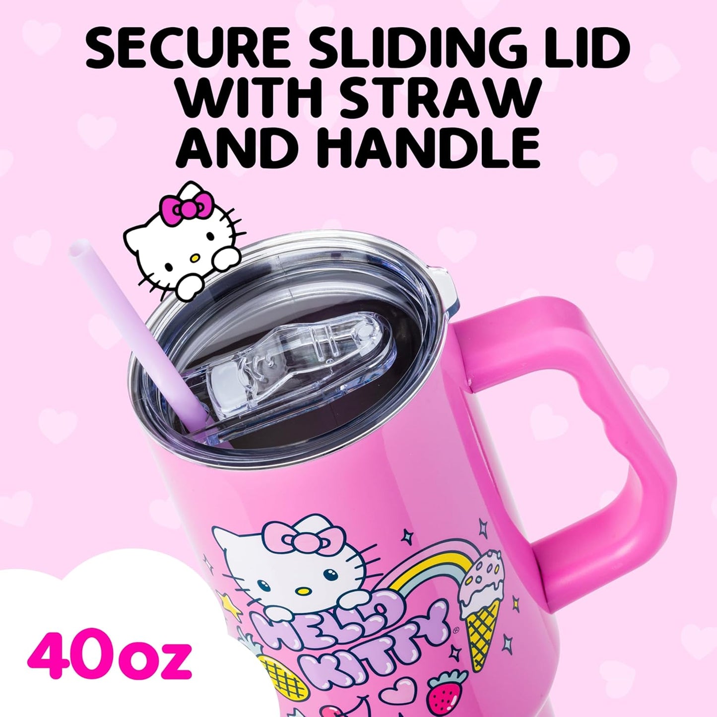 Betty Boop Core Cute Pose, Stainless Steel Tumbler, 40oz | Sitting, Hearts and Dots, Straw Cover Cap, Handle, Lid, Double Walled, Fits in Cup Holder, 1.18 Liters - Colors B
