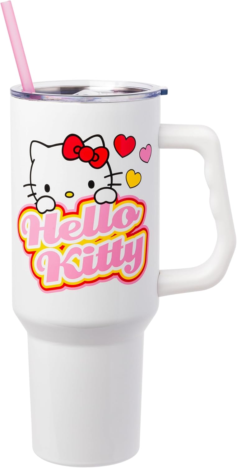 Betty Boop Core Cute Pose, Stainless Steel Tumbler, 40oz | Sitting, Hearts and Dots, Straw Cover Cap, Handle, Lid, Double Walled, Fits in Cup Holder, 1.18 Liters - Colors B