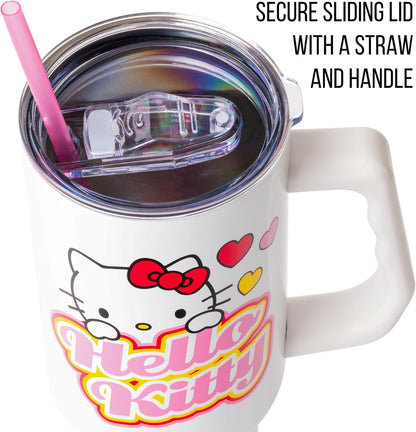 Betty Boop Core Cute Pose, Stainless Steel Tumbler, 40oz | Sitting, Hearts and Dots, Straw Cover Cap, Handle, Lid, Double Walled, Fits in Cup Holder, 1.18 Liters - Colors B