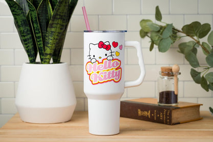 Betty Boop Core Cute Pose, Stainless Steel Tumbler, 40oz | Sitting, Hearts and Dots, Straw Cover Cap, Handle, Lid, Double Walled, Fits in Cup Holder, 1.18 Liters - Colors B