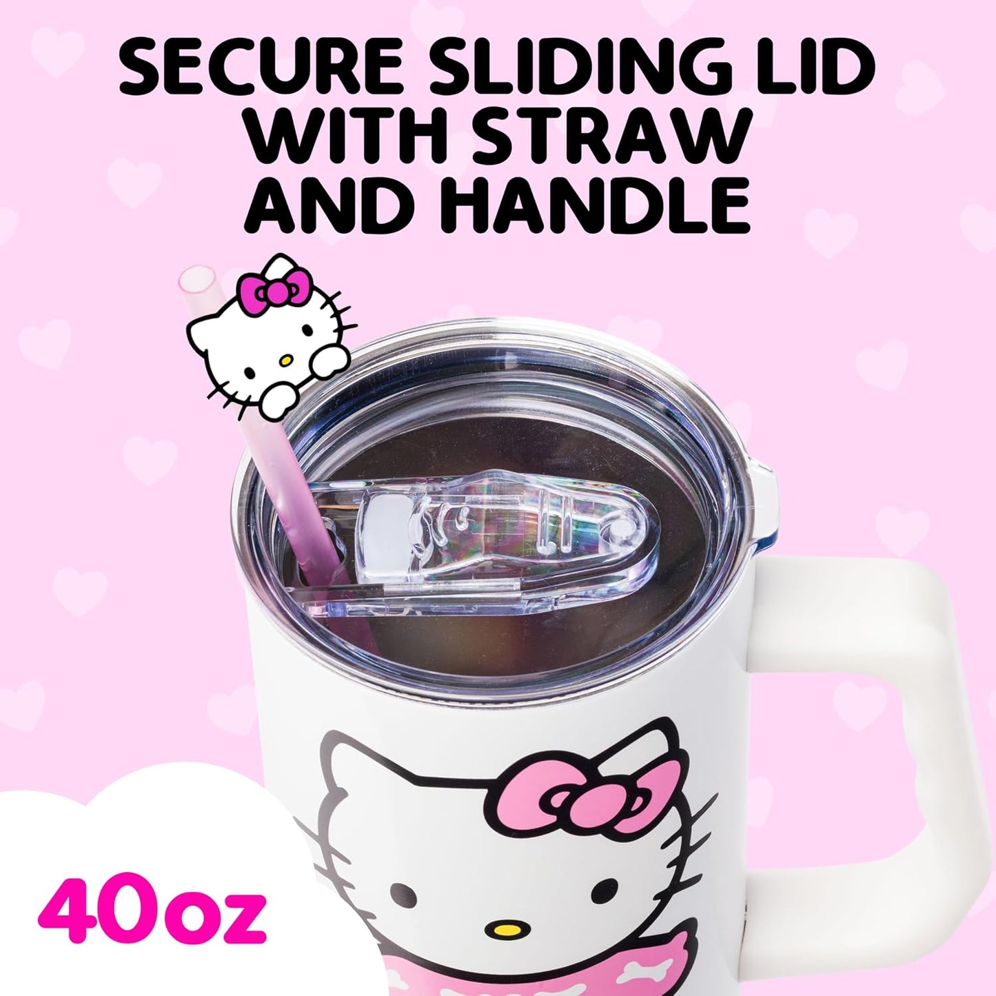 Betty Boop Core Cute Pose, Stainless Steel Tumbler, 40oz | Sitting, Hearts and Dots, Straw Cover Cap, Handle, Lid, Double Walled, Fits in Cup Holder, 1.18 Liters - Colors B