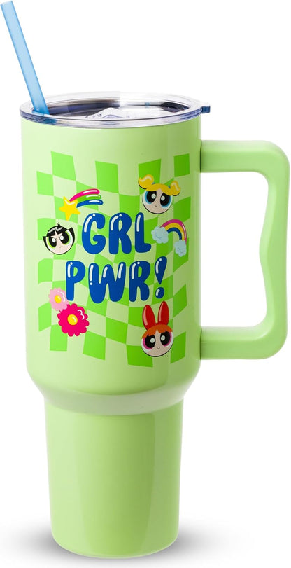 Betty Boop Core Cute Pose, Stainless Steel Tumbler, 40oz | Sitting, Hearts and Dots, Straw Cover Cap, Handle, Lid, Double Walled, Fits in Cup Holder, 1.18 Liters - Colors B