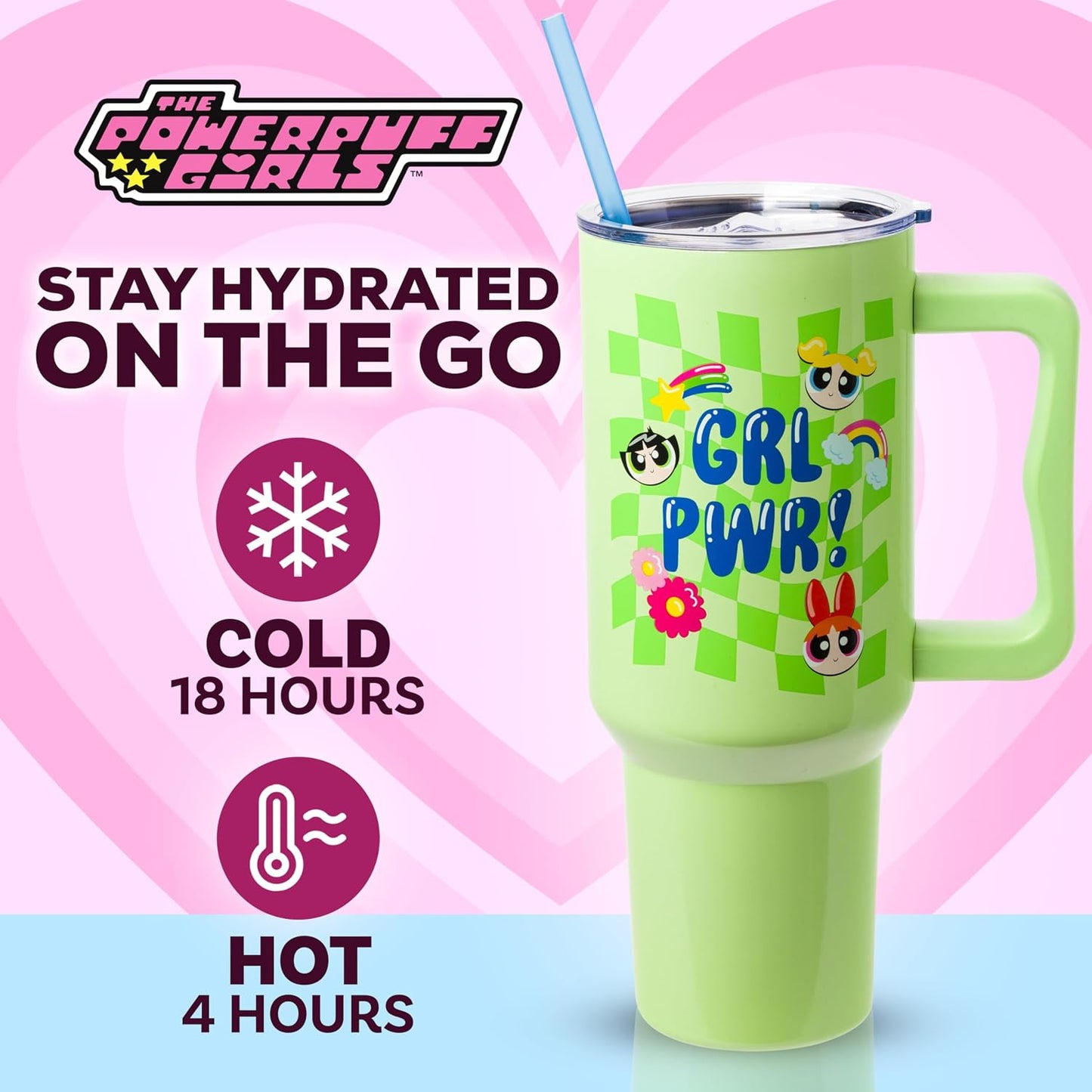 Betty Boop Core Cute Pose, Stainless Steel Tumbler, 40oz | Sitting, Hearts and Dots, Straw Cover Cap, Handle, Lid, Double Walled, Fits in Cup Holder, 1.18 Liters - Colors B