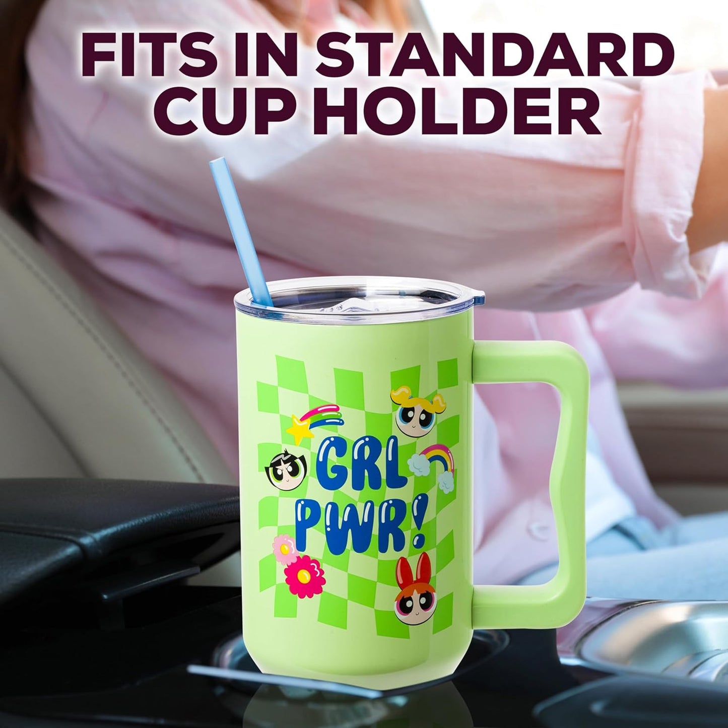 Betty Boop Core Cute Pose, Stainless Steel Tumbler, 40oz | Sitting, Hearts and Dots, Straw Cover Cap, Handle, Lid, Double Walled, Fits in Cup Holder, 1.18 Liters - Colors B