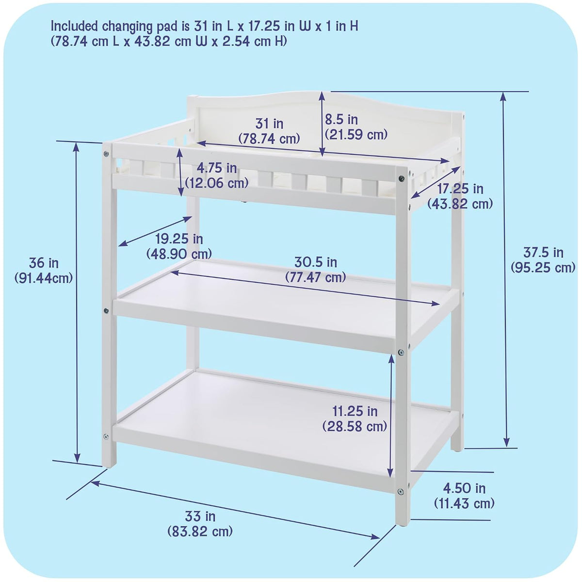 Baby Changing Table with Pad & Storage Shelves - White