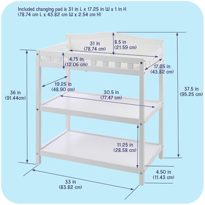 Baby Changing Table with Pad & Storage Shelves - White