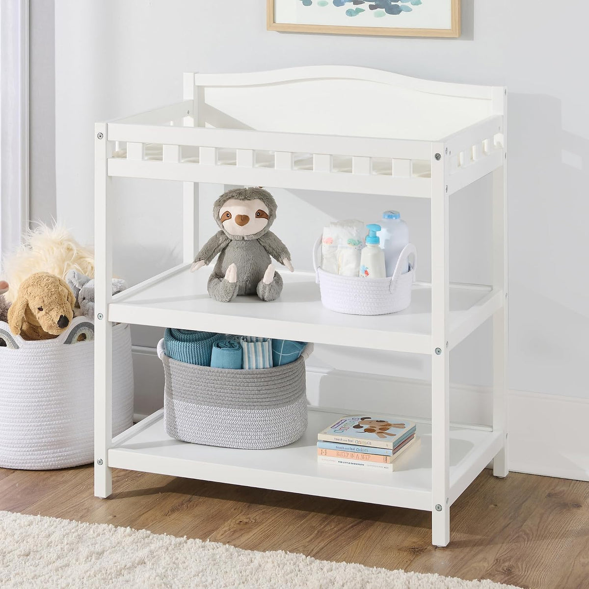 Baby Changing Table with Pad & Storage Shelves - White