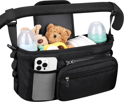 Universal Stroller Organizer with Cup Holder Detachable Phone Bag Shoulder Strap, Stroller Caddy Bag Accessories, Stroller Organizer for Uppababy, Baby Jogger, Britax Strollers